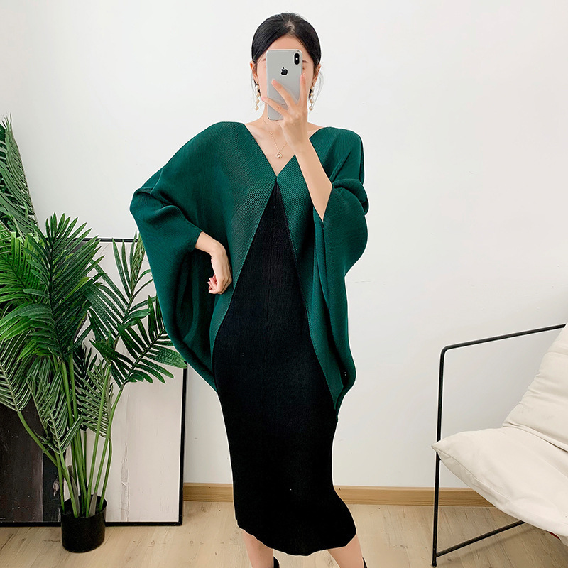 Lily Pleated Orange Dress 2022 New Fashion V-Neck Bat Seven-Sleeve Elegant Style Kimono Long Dress