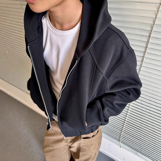 MADEEXTREME Spring Men's Commuter Tailoring Deconstruction Solid Color Casual Hooded Zipper Short Sweatshirt Jacket