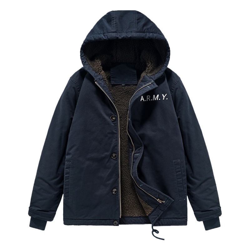 Abrigo de invierno para hombre al aire libre casual a prueba de viento con capucha superior suelta transfronteriza forrada de lana engrosada chaqueta de trabajo para hombres