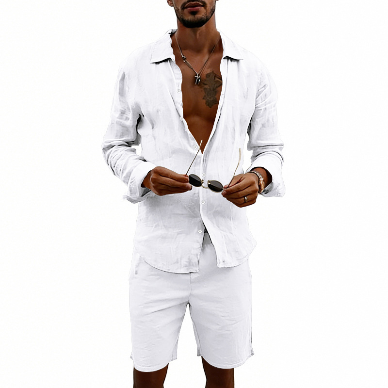 Herren Leinenhemd Und Shorts Set Sommer Freizeit Strand Outfit_voghion.com