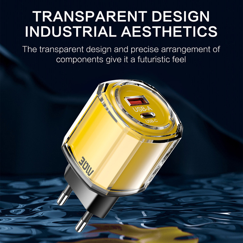 Printed 30W A+C Multi-Port Yellow Round Shell 1Usb+1Pd Mobile Phone Charging Head European, American and British Standard Fast Charging Charger