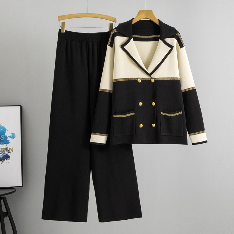 Cross-Border European Fashion Stylish Suit Collar Set for Women, Spring and Autumn Double-Breasted Knitted Top and Wide-Leg Pants Two-Piece Set