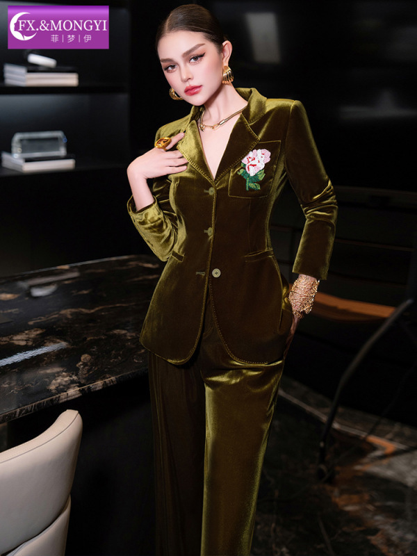 菲梦伊复古金丝绒绣花西装套装女秋季轻熟气质职业西服外套休闲裤|undefined