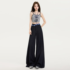 オレンジシルクの女性服 # 女性用ネイビーブルーチェック柄薄手カジュアルパンツ、多用途デザイン、ニッチな痩身ルーズワイドレッグパンツ