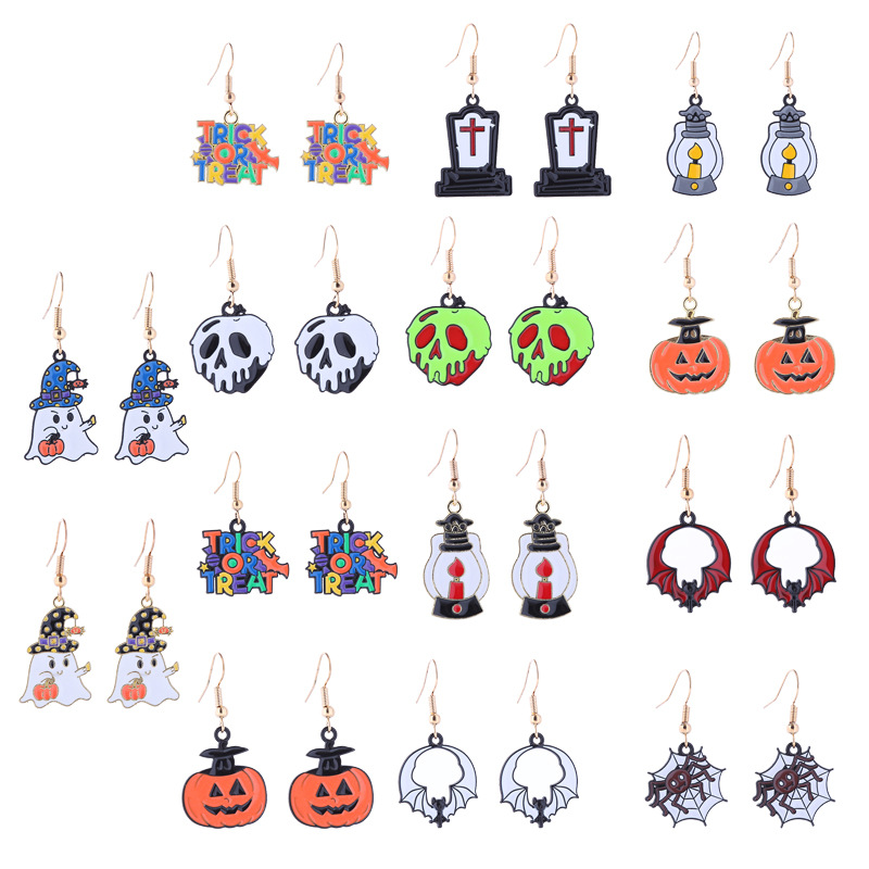 1 Pair Funny Cool Style Pumpkin Skull Ghost Enamel Alloy Drop Earrings display picture 2