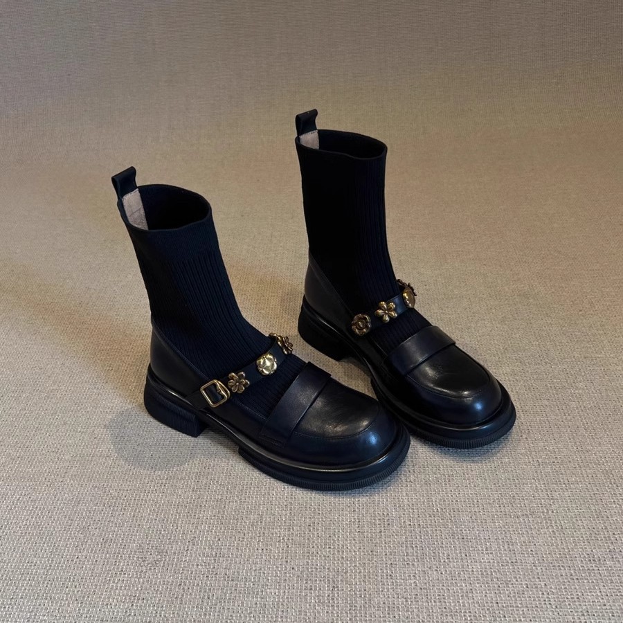 Stivaletti in maglia elasticizzata con tacco grosso – Stivaletti retrò da infilare con cinturino con fibbia e plateau spesso per donna_voghion.com
