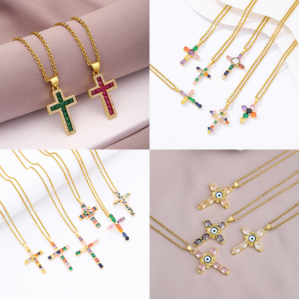 European and American simple cross necklace women's fashion jewelry summer ins color zircon crystal necklace trend accessories