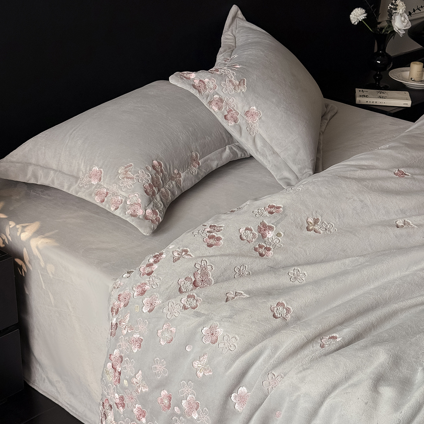 Full Matte Milk Velvet Embroidered Cherry Blossom New Winter Thickened Warm Bedding Milk Velvet Four-Piece Set Series Fitted Sheet