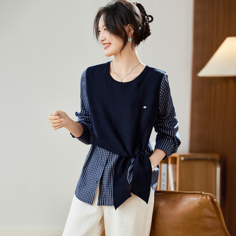 棉茧 假两件格子衬衫女2025秋冬装新款设计感针织披肩上衣衬衣|undefined