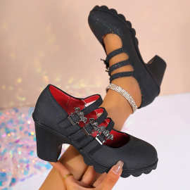 大码外贸欧美高跟女鞋皮带扣浅口圆头粗高跟单鞋中老年妈妈皮鞋