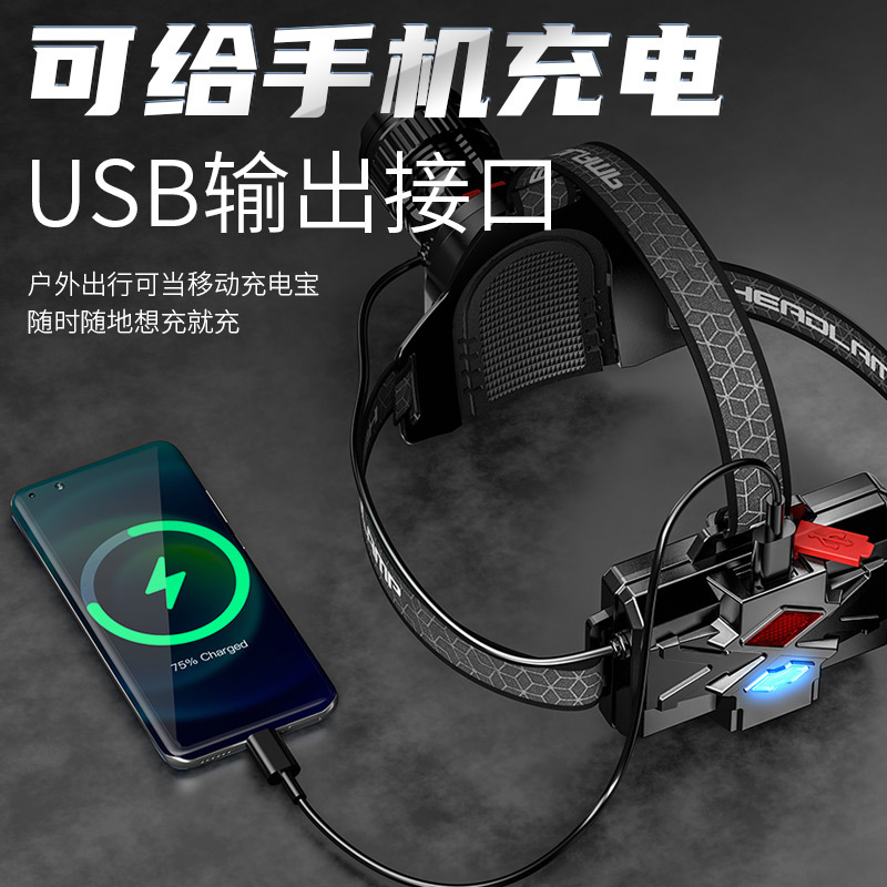 Transfronterizos nuevos fuertes faro de alta potencia láser blanco ventilador de disipación de calor USB antorcha de advertencia montada en la cabeza