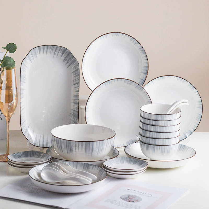 Ceramic Tableware Set — Rectangular Fish Plate + Round Plates & Soup Spoons, Elegant Rim