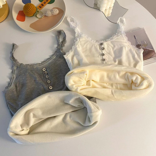 Warm Insulating Lace Backless Tank Top with Self-Heating Underwear for Women, Fleece Lined, Sexy Backless Design, Suitable for Autumn and Winter