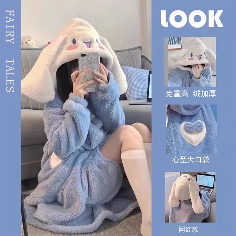 小浣熊睡袍珊瑚绒睡衣女款2025新款秋冬季男士加厚睡裙连体家居服