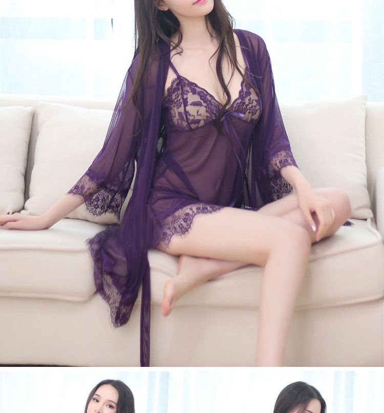 Xiu Cai Sha Three-Piece Mesh Babydoll Set with Suspenders and Thong, Dusty Rose — detail image 11