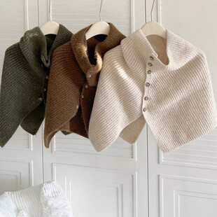 With Wool Fashionable Lazy Style Cape Poncho Winter High Collar Warm Ins Button Wool Knitted Korean Style Outer Woven