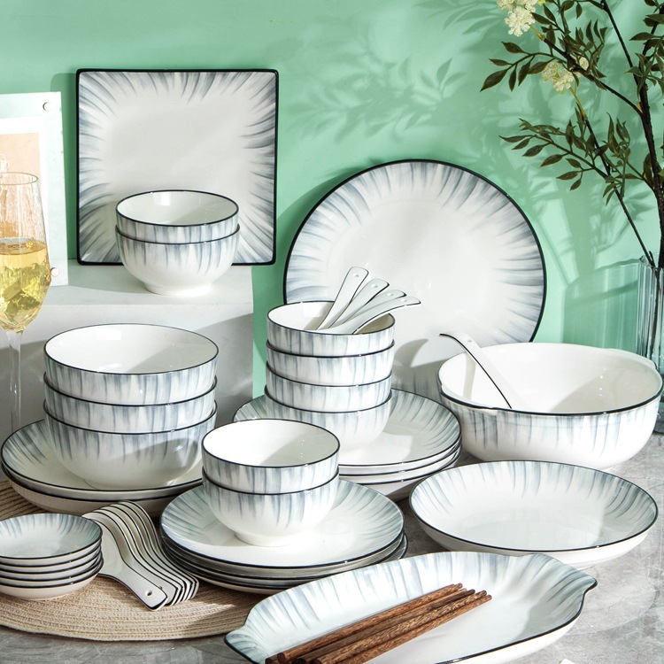 Dish Set for Home Use, Light Luxury Housewarming Feel, 2025 New Tableware, Wedding Gift Box, Bowl and Chopsticks Set, Plate Combination with Silk Flowers