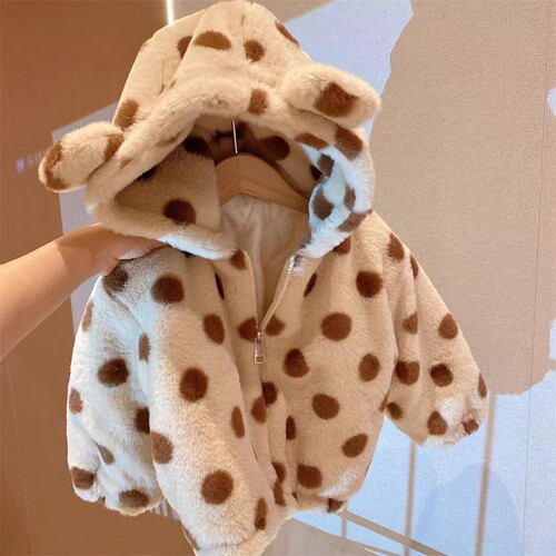 Baby Girl Wool Sweater 2025 Winter New Cap Hooded Polka Dot faux Fur Plush Warm Insulated Children's Jacket