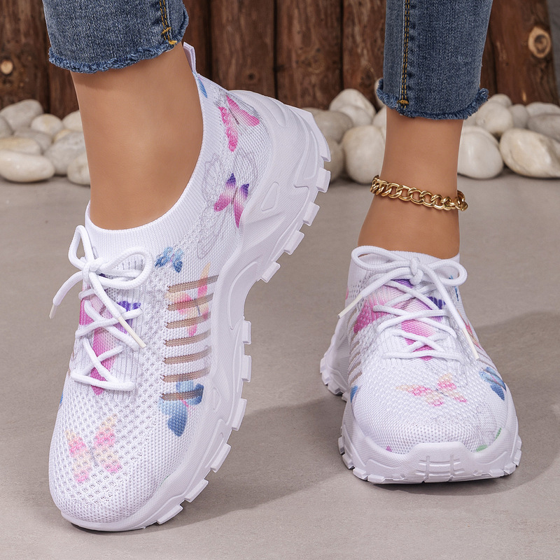 Cross-Border Women's Shoes, European and American Style, Height-Increasing Casual Shoes, Butterfly Pattern Fly-Knit Single Shoes, Temu Sneakers, Thick-Soled Dad Shoes