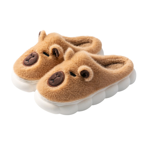 Men's Cartoon Bear Cotton Slippers for Autumn/Winter Indoor Home Thick Sole Fleece Warm Outer Wear Couple Postpartum Shoes for Women