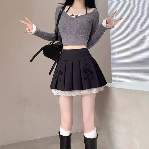 Lace-trimmed Pleated Skirt Women's Autumn Fashion Design High Waist A-line Hip-Hugging Short Skirt Fluffy Mini Skirt Girl's Skirt Pant