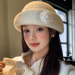 千金风山茶花珍珠帽子女秋冬季赫本风显脸小贝雷帽法式高级感盆帽