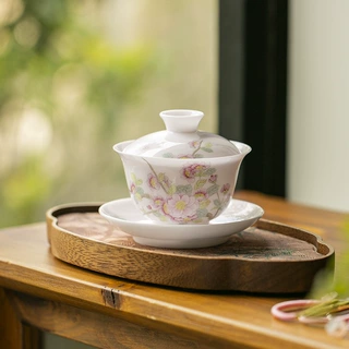 盖碗冰种手绘功夫茶具轻奢泡茶手绘玉瓷手工制作冰种盖碗不烫手