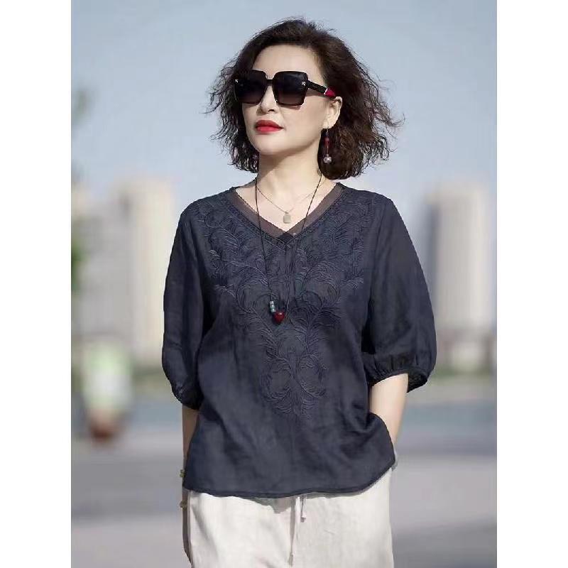 Solid Color Cotton and Linen Mid-Sleeve Shirt for Women, New Summer Style V-Neck Embroidered Casual Versatile Thin Cotton and Linen Shirt Top