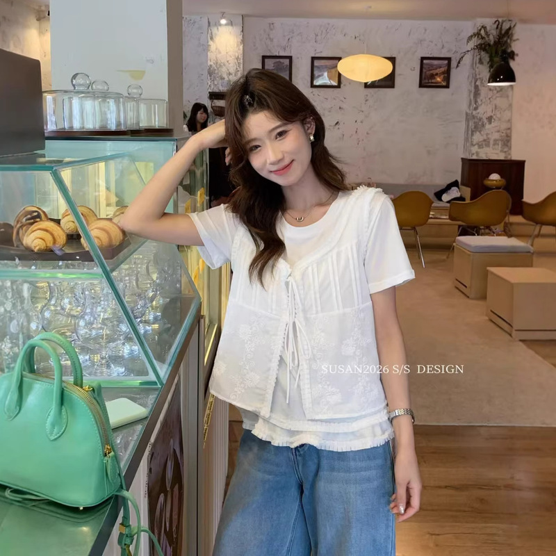 Susan's In-Stock Ruffled Lace-Up Embroidered Camisole + Short-Sleeve T-Shirt Two-Piece Set Gl28 Salt-Style Mature Fashion