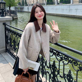 撞色翻领小香风双面羊毛大衣女春秋新款休闲洋气减龄短款毛呢外套