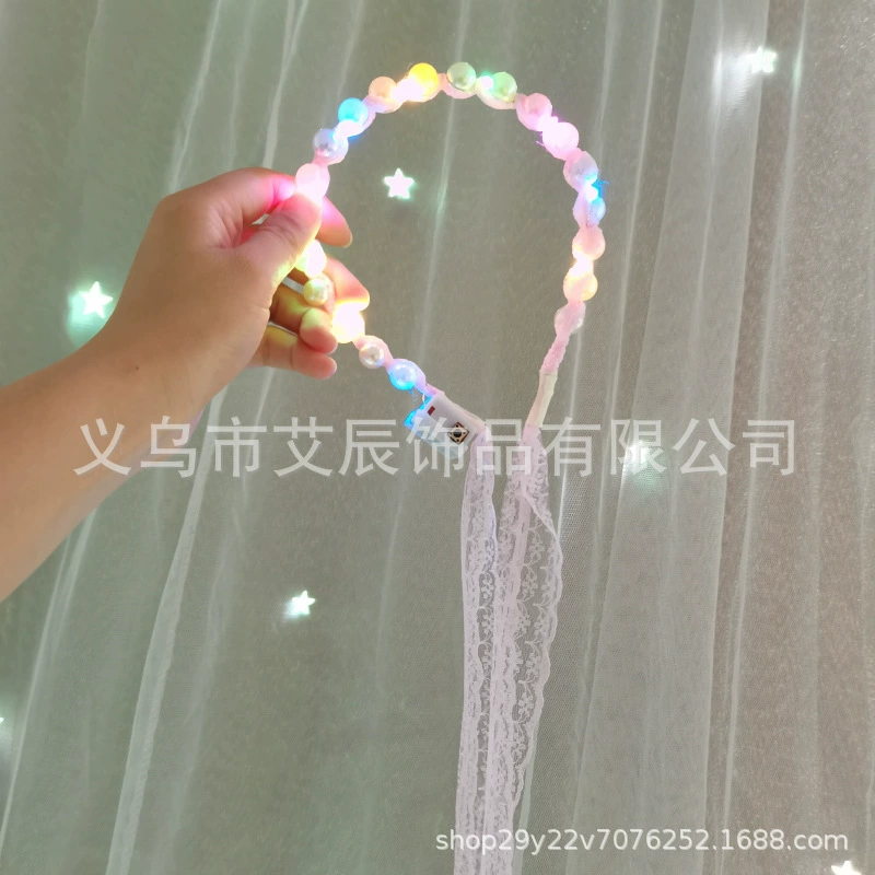 Ободок жемчужный с LED-подсветкой, кружевные ленты, мигающие огни, 0,03 кг