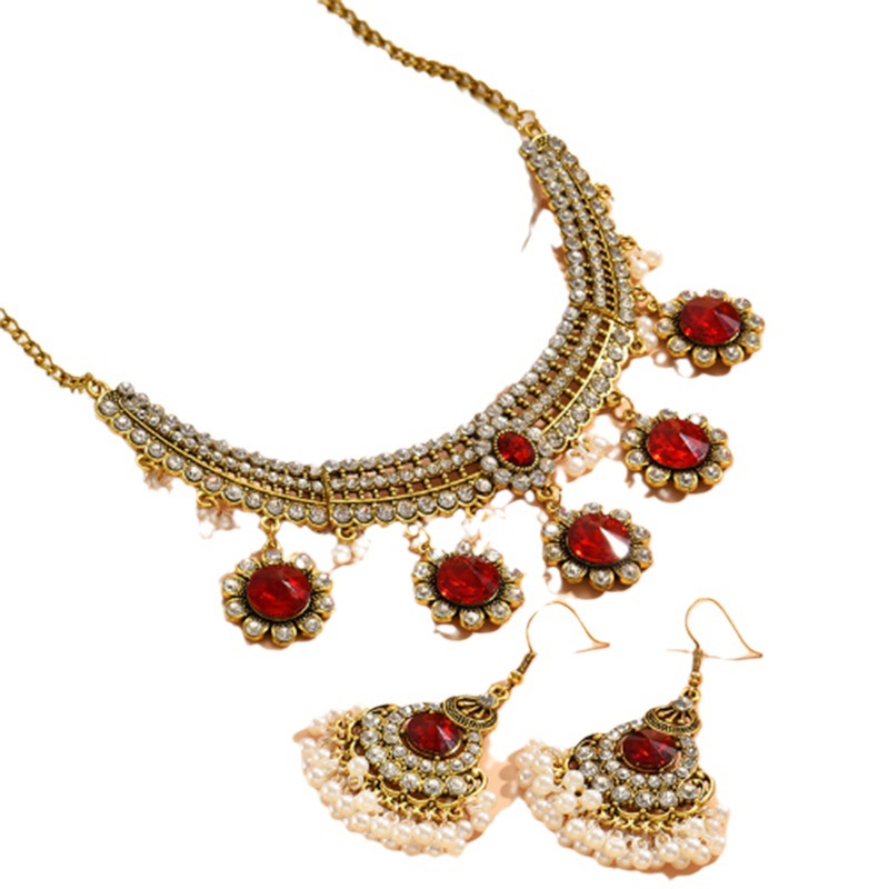 Disainerelementidega boheemlaslik moodne retro rubiinist ehtekomplekt pärlitega, helmestega, liialdatud kaelakee ja kõrvarõngad_voghion.com