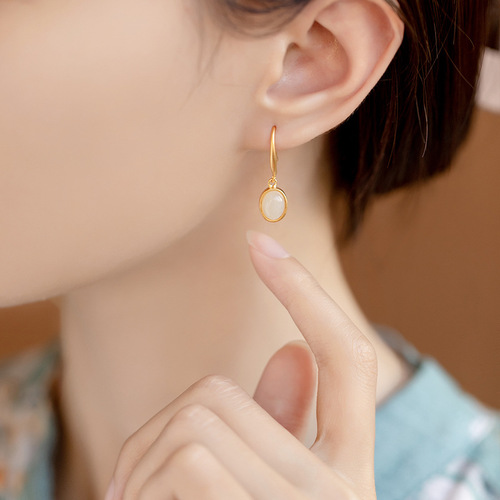 Jewelry live supply court-style design ancient style gold-plated temperament lady earrings with jade inlay from Hetian jade