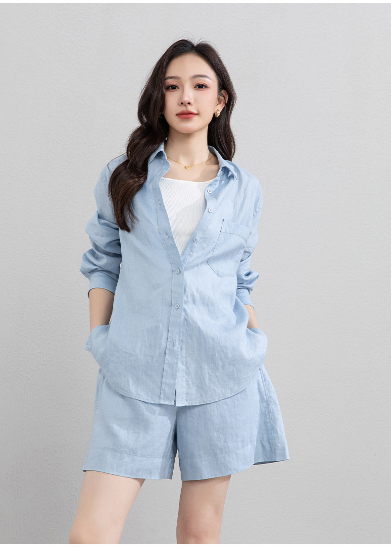 Bộ đồ linen nữ mùa hè áo sơ mi phối quần short dáng rộng — Quần short - 86185 ngày xanh chi tiết 23