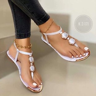 Pearl Sandals Women's 2025 Summer Diamond Flat Shoes Flat Heels Fairy Style Soft Sole Fashion Women's Shoes Trbottomy