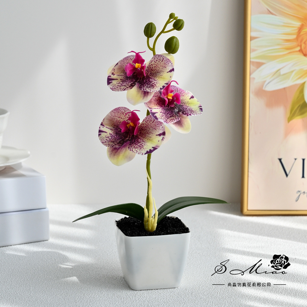 Orquídea de mariposa de tres flores, bonsai de moda, imitación de flores falsas, decoración del hogar, fotografía de flores artificiales, flores de boda, perilla image 4