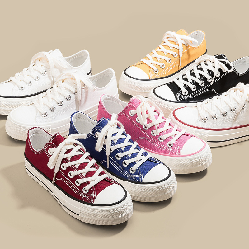Japanese-Style Okayama Kurume Thick-Soled Height-Increasing Pink Canvas Shoes for Female Students, Versatile Korean-Style Rubber-Soled Vulcanized Shoes