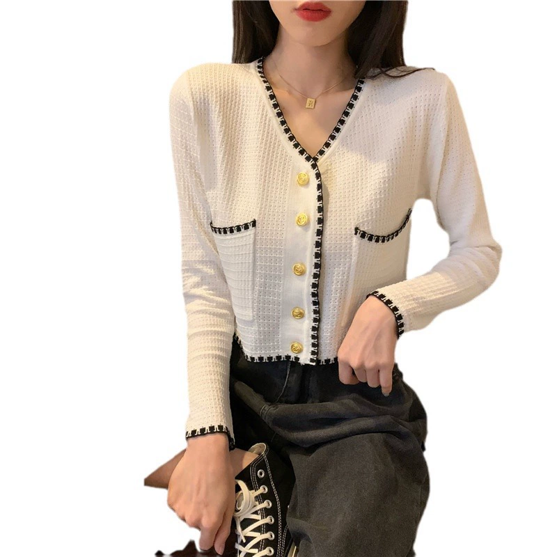 Короткий вязаный кардиган-куртка, стиль Chanel, облегающий укороченный высокий талия образ, один размер