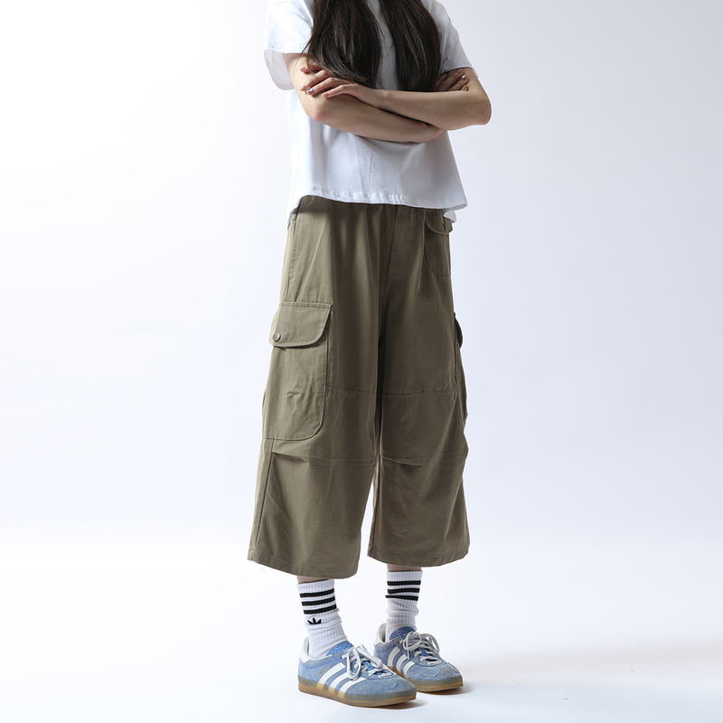 [Cotton Hemming] Japanese Style Loose Large Pocket Cropped Casual Pants Women's Workwear Street Style 2025 Summer Overalls