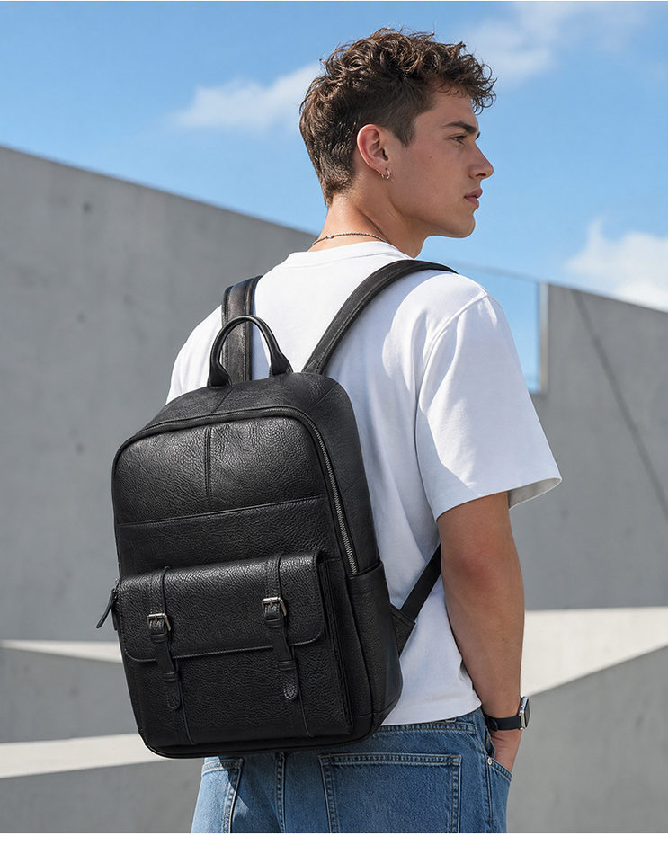 Ba lô nam da bò thật da ngựa điên phong cách Âu Mỹ cổ điển dung tích lớn 32×13×38 cm kèm ngăn laptop 15 inch — màu đen, Màu cà phê, Màu nâu đậm chi tiết 9