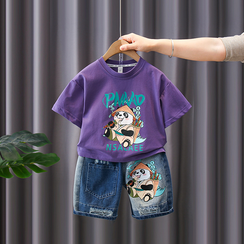 7188 traje de manga corta para niños 2025 verano nuevo estilo camiseta estampada para niños pantalones cortos de mezclilla traje de dos piezas marea de verano