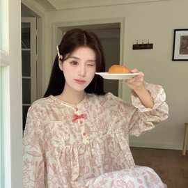纯棉韩版秋季新款睡衣女连衣裙国风印花蕾丝可外穿宽松家居服睡裙