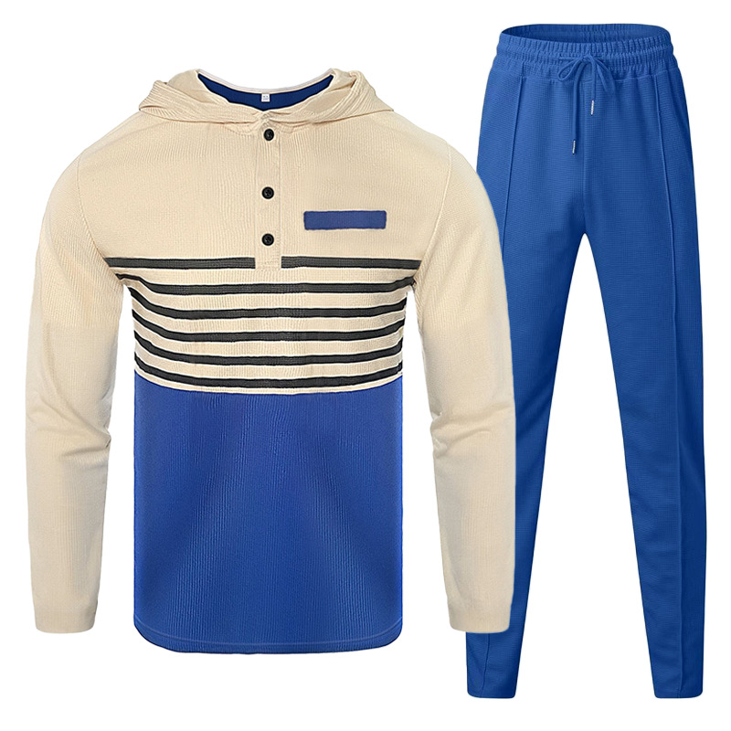 "Men's Waffle-Knit Hoodie & Jogger Set - Striped Casual Loungewear (S-3XL)"_voghion.com