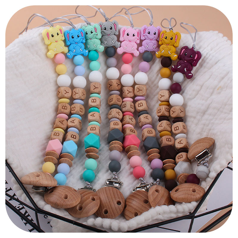 Bebé de dibujos animados elefante de silicona teether stick teether nuevo nombre del bebé pezón cadena anti-caída