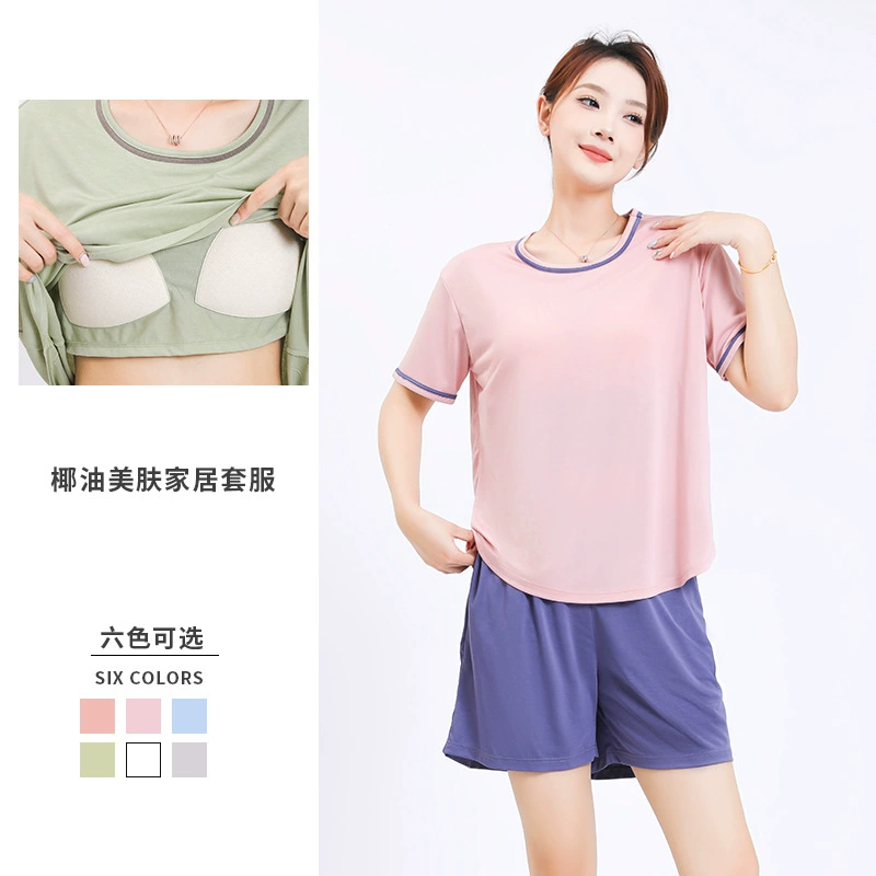 Thin set, summer silk top with cups, pijama, with short sleeve, plus size