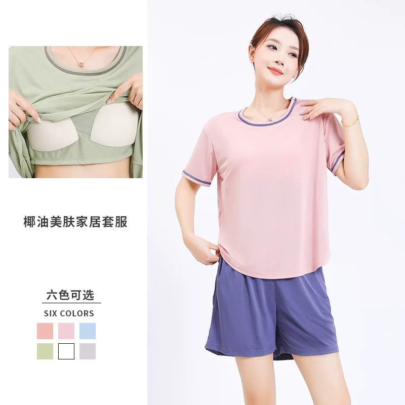 Thin set, summer silk top with cups, pijama, with short sleeve, plus size