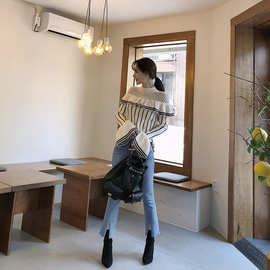 现货日系简约秋冬条纹宽松时尚韩版荷叶边镂空略厚毛衣打底针织衫