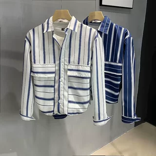 日系雅痞蓝色竖条纹长袖衬衫男士时尚百搭休闲衬衣薄款外套男秋装