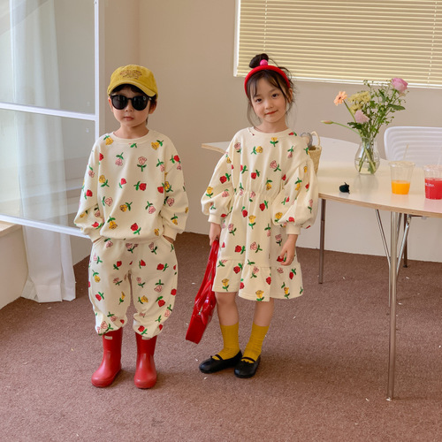 Children's suits 2024 spring Korean style long-sleeved trousers for boys and girls two-piece set children's flower fishtail dress brother and sister outfit