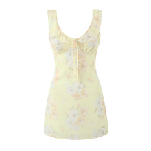 2025新款甜美印花荷叶边吊带连衣裙法式V领性感修身包臀迷你裙